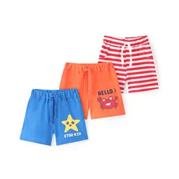 Doodle Poodle 100% Cotton Knit Above Knee Length Striped Shorts Pack of 3 -Blue Orange & Red-picture-24