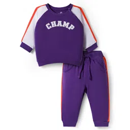 Doodle Poodle 100% Cotton Knit Full Raglan Sleeves T-Shirt and Joggers Set With Champ Text Print - Purple & White-picture-22