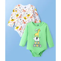 Doodle Poodle 100% Cotton Knit Full Sleeves Animals Print Onesies Pack of 2 - White & Light Green-picture-26