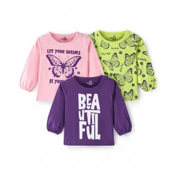 Doodle Poodle 100% Cotton Knit Full Sleeves Butterfly & Text Print Tops Pack of 3 - Purple Peach & Lime-picture-28