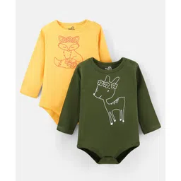Doodle Poodle 100% Cotton Knit Full Sleeves Deer & Fox Printed Onesies Pack of 2 - Yellow & Green-picture-38