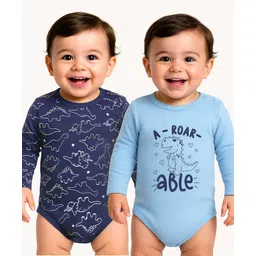 Doodle Poodle 100% Cotton Knit Full Sleeves Dino Printed Onesies Pack of 2 - Blue-picture-10