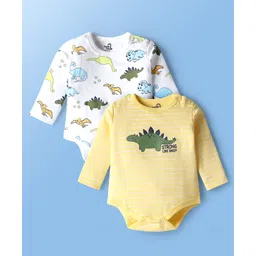 Doodle Poodle 100% Cotton Knit Full Sleeves Dino Printed Onesies Pack of 2 - White & Yellow image 1