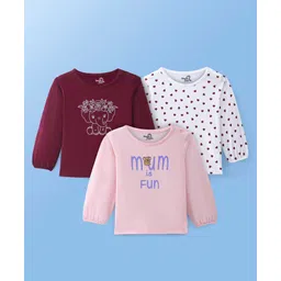 Doodle Poodle 100% Cotton Knit Full Sleeves Elephant & Heart Printed Tops Pack of 3 - White Maroon & Pink-picture-12