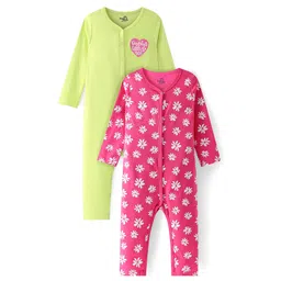 Doodle Poodle 100% Cotton Knit Full Sleeves  Floral & Heart Printed Rompers Pack of 2 - Pink & Limegreen-picture-25