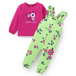 Doodle Poodle 100% Cotton Knit Full Sleeves Floral Printed T-Shirt & Full Length Dungaree - Light Green & Dark Pink-picture-23