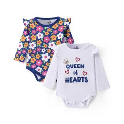 Doodle Poodle 100% Cotton Knit Full Sleeves Onesie Floral & Text Print Pack Of 2 - White & Navy Blue-picture-36
