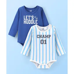 Doodle Poodle 100% Cotton Knit Full Sleeves Onesies Stripes & Text Print Pack of 2- Blue & White-picture-32