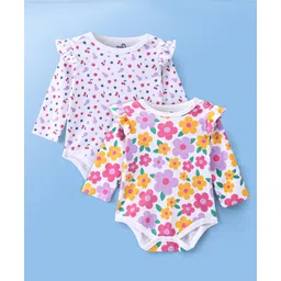 Doodle Poodle 100% Cotton Knit Full Sleeves Onesies with Frill Detailing Floral Print Pack Of 2 - White-picture-28