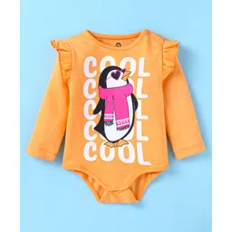 Doodle Poodle 100% Cotton Knit Full Sleeves Penguin Print Onesie with Frill Detailing - Orange-picture-19