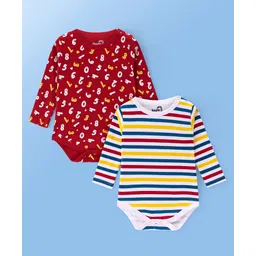 Doodle Poodle 100% Cotton Knit Full Sleeves Striped & Albhabets Printed Onesies Pack of 2 - Red & White-picture-13