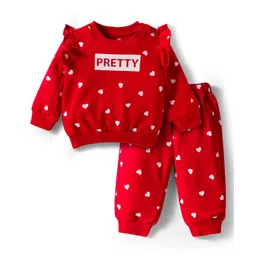 Doodle Poodle 100% Cotton Knit Full Sleeves T-Shirt & Jogger Set With Heart & Pretty Text Print - Red-picture-20