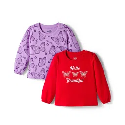 Doodle Poodle 100% Cotton Knit Full Sleeves T-Shirts With Butterfly & Hello Beautiful Text Print Pack of 2 - Purple & Red-picture-10