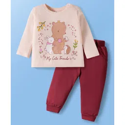 Doodle Poodle 100% Cotton Knit Full Sleeves Top & Joggers Set With Animal Print - Light Peach & Maroon-picture-27