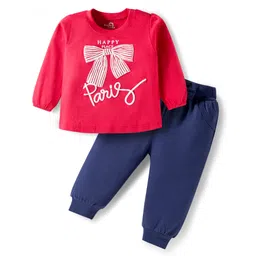 Doodle Poodle 100% Cotton Knit Full Sleeves Top and Joggers Set With Bow Print - Red & Navy Blue-picture-39