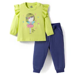 Doodle Poodle 100% Cotton Knit Full Sleeves Top & Joggers Set with Frill Detailing & Fairy Print - Limegreen & Navy Blue-picture-28