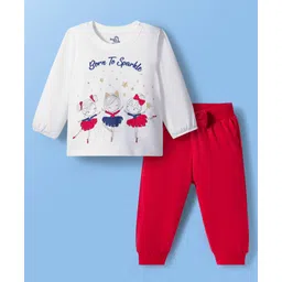 Doodle Poodle 100% Cotton Knit Full Sleeves Top & Lounge Pant Set with Bow Applique & Glitter Print - Red & White-picture-38