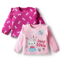 Doodle Poodle 100% Cotton Knit Full Sleeves Tops With Bunny & Bow Print With Frill Detailing Pack of 2- Dark Pink & Pink-picture-24