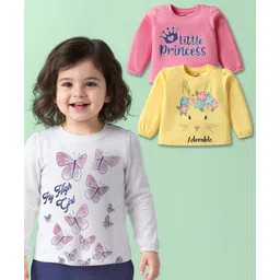 Doodle Poodle 100% Cotton Knit Full Sleeves Tops with Floral Butterfly & Text Print Pack of 3 - Yellow Pink & White-picture-15