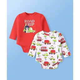 Doodle Poodle 100% Cotton Knit Full Sleeves Vehicle Printed Onesies Pack of 2 - White & Red-picture-34