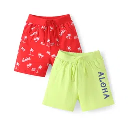 Doodle Poodle 100% Cotton Knit Knee Length Shorts With Aloha Text Print Pack Of 2 - Red & Limegreen-picture-38