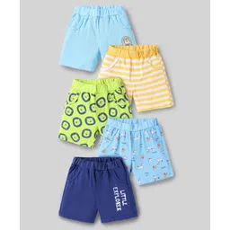 Doodle Poodle 100% Cotton Knit Knee Length Shorts With Animal & Stripes Print Pack Of 5 - Yellow Light Blue & Navy Blue-picture-37