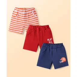 Doodle Poodle 100% Cotton Knit Knee Length Shorts With Rugby Print Pack of 3 - Red Navy Blue & Orange image 1