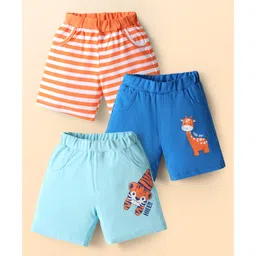 Doodle Poodle 100% Cotton Knit Knee Length Shorts With Stripes & Animal Printed Pack Of 3 - Orange Blue & Light Blue-picture-33