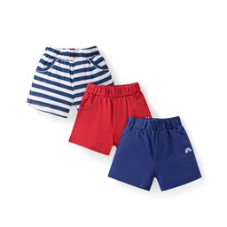 Doodle Poodle 100% Cotton Knit Knee Length Shorts with Text Print & Stripes Pack of 3 - Red White & Navy Blue-picture-35
