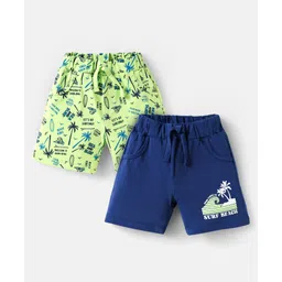 Doodle Poodle 100% Cotton Knit Knee Length Shorts With Tropical Theme Print Pack Of 2 - Navy Blue & Light Green-picture-20