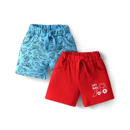 Doodle Poodle 100% Cotton Knit Knee Length Shorts With Vehicle Print Pack Of 2 - Red & Light Blue-picture-18