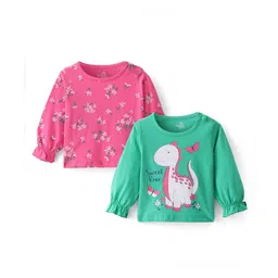 Doodle Poodle 100% Cotton Knit Single Jersey Full Sleeves Tops with Floral & Dino Print Pack of 2 - Pink & Green-picture-12