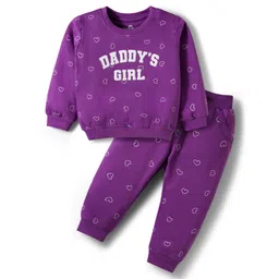 Doodle Poodle 100% Cotton Light Weight Looper Terry Knit Full Sleeves Top & Lounge Pant Set With Heart Print - Purple-picture-10