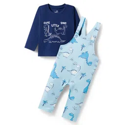Doodle Poodle 100% Cotton Single Jersey Knit Dungaree & Full Sleeves Inner Tee With Dino Print - Blue-picture-17