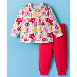 Doodle Poodle 100% Cotton Single Jersey Knit Full Sleeves Floral Printed Top & Lounge Pant Set with Bow Applique - Red & White-picture-21