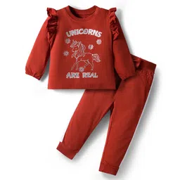 Doodle Poodle 100% Cotton Single Jersey Knit Full Sleeves Top & Lounge Pant Set With Unicorn Print - Light Brown-picture-19