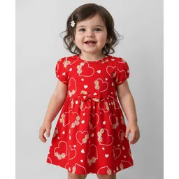 Doodle Poodle 100% Cotton Single Jersey Knit Half Sleeves Frock With Floral Print - Red-picture-33