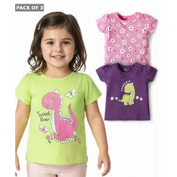 Doodle Poodle 100% Cotton Single Jersey Knit Half Sleeves T-Shirts with Dino & Floral Print Pack of 3 - Pansy Purple Pink Frosting & Wild Lime Green-picture-17