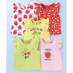 Doodle Poodle 100% Cotton Sleeveless Tops With Heart & Fruit Print Pack Of 5 - Red Yellow & Pink-picture-15