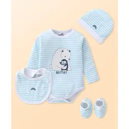 Doodle Poodle Cotton Interlock Knit Full Sleeves Onesie With Bib Cap & Booties Animals Printed - Blue-picture-16