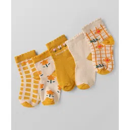 Doodle Poodle Cotton Knit Ankle Length Socks with Floral Print Pack of 5 - Dark Yellow-picture-12