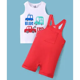 Doodle Poodle Cotton Knit Sleeveless Car Printed T-Shirt with Solid Colour Dungaree - White & Red-picture-25