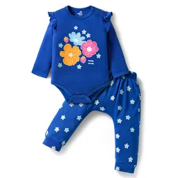 Doodle Poodle Interlock 100% Cotton Knit Full Sleeves Onesie & Diaper Leggings With Floral Print - Navy Blue-picture-33