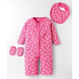 Doodle Poodle Interlock Knit Full Sleeves Heart Printed Romper With Bib & Mittens - Dark Pink-picture-11