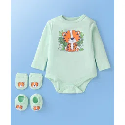 Doodle Poodle Interlock Knit Full Sleeves Onesie With Mittens & Booties With Animal Print - Light Green-picture-21