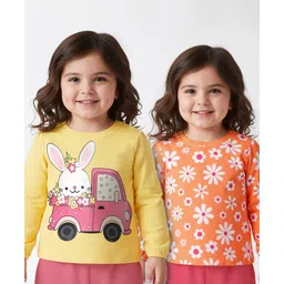 Doodle Poodle Single Jersey Knit Full Sleeves Top With Bunny & Floral Print Pack of 2 - Orange & Yellow-picture-24