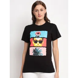 DOOR74 Women Black Printed Round Neck T-shirt-picture-19