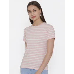 DOOR74 Women Pink & White Striped Cotton T-shirt-picture-26