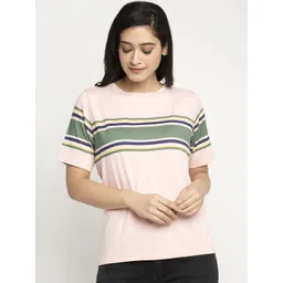 DOOR74 Women Pink Striped Round Neck Cotton T-shirt-picture-12
