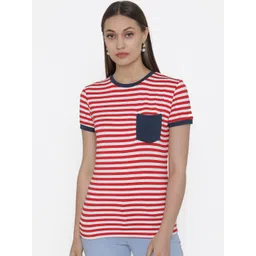 DOOR74 Women Red & White Striped Round Neck T-shirt-picture-20